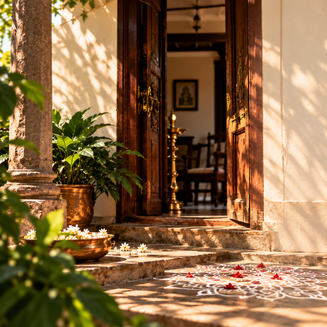 Sunlit South Indian heritage home entrance with brass Uruli and Kolam floor art